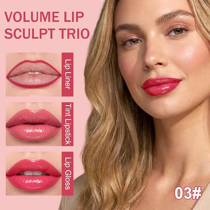 3PCS Lip Combo Set — Matte Lip Liner Pencil, Hydrating Tint Lipstick & Shine Gloss, Non-Sticky Long-Lasting Plumping Lip Makeup Kit for Women, Volume Sculpt Trio, 03