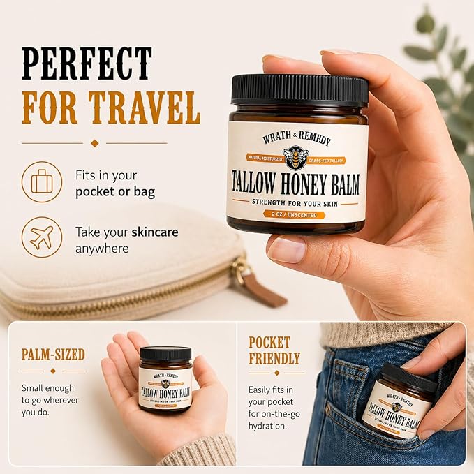 Organic Beef Tallow for Skin - 2OZ (Unscented, Concentrated) — US-Made Grass Fed Tallow and Honey Balm Moisturizer for Face, Hands & Body — Intensive Care for Dry Sensitive Skin, Eczema (No Additives)