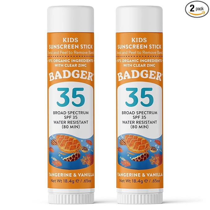 Badger Mineral Kids Sunscreen Face Stick SPF 35, Zinc Oxide Travel Size Sunscreen Stick for Kids, 97% Organic Ingredients, Reef Safe, Water Resistant, .65 oz, 2-Pack