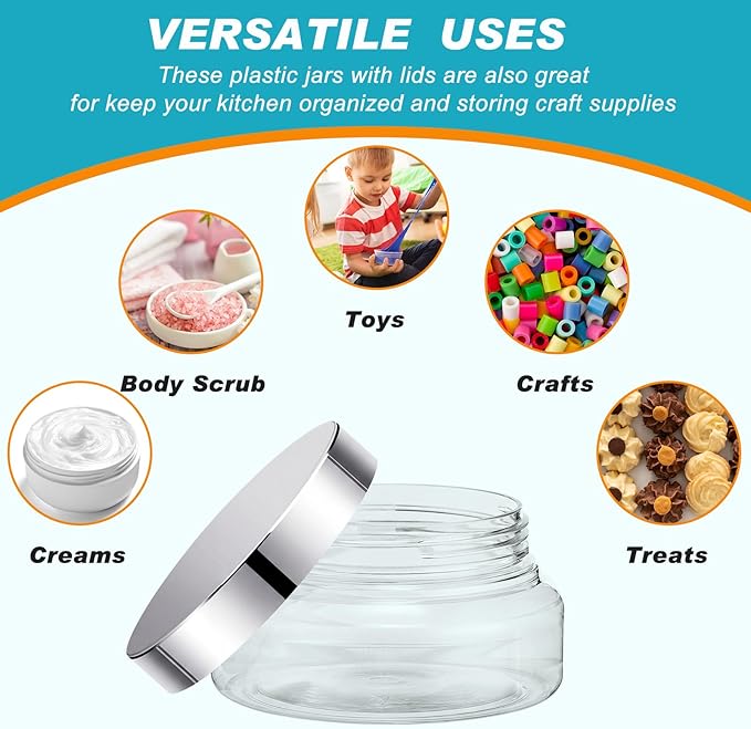 Tessco for you 24 Pack Plastic Jars with Lids Labels Multiuse Slime Containers Empty Body Scrub Jars Round Refillable Cosmetic Body Butter Container for Makeup (5 oz,Clear,Silver)