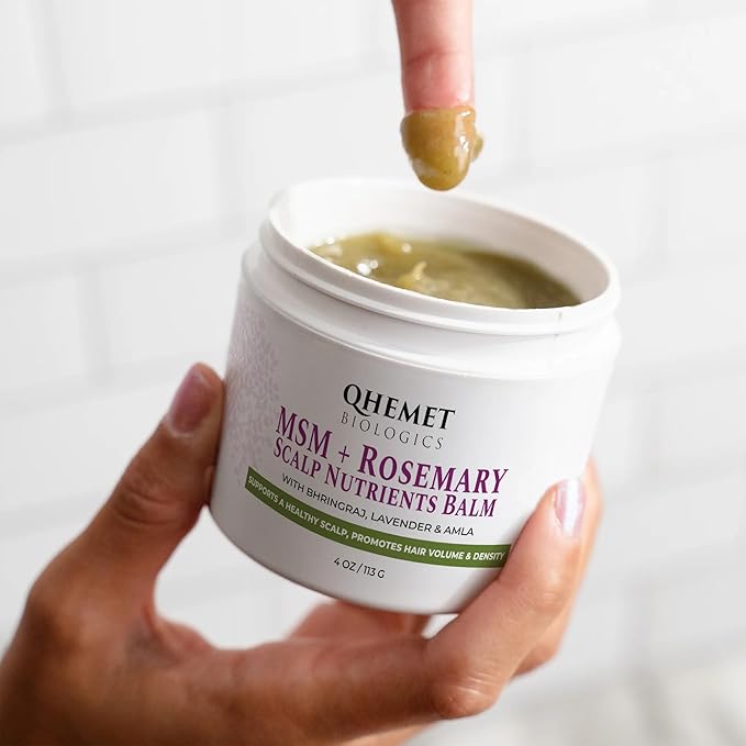 Qhemet Biologics MSM + Rosemary Scalp Nutrients Balm | Food for Hair Growth | MSM, Rosemary, Bhringraj, Castor Oil & Coconut Oil | For Dry Scalp, Thinning & Slow Growth | Vegan (4 oz)