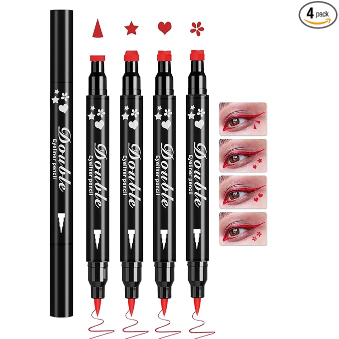 4PCS Red Eyeliner Stamp,Double-headed Red Liquid Eyeliner Pencil for Eye Makeup,Long-lasting Delineador de Ojos Contra el Agua (Star,Triangle,Flower,Heart Eyeliner Stamp)