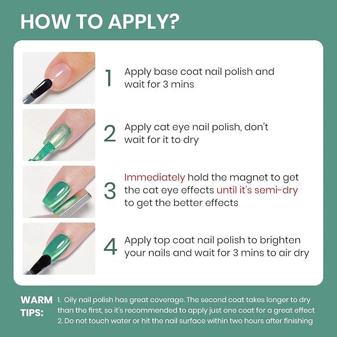 Green Cateye Nail Polish Non Gel, Magnetic Nail Polish Lacquer Quick Dry Effect with Magnet Air Fast Dry Manicure DIY Salon 16ml/0.54 oz