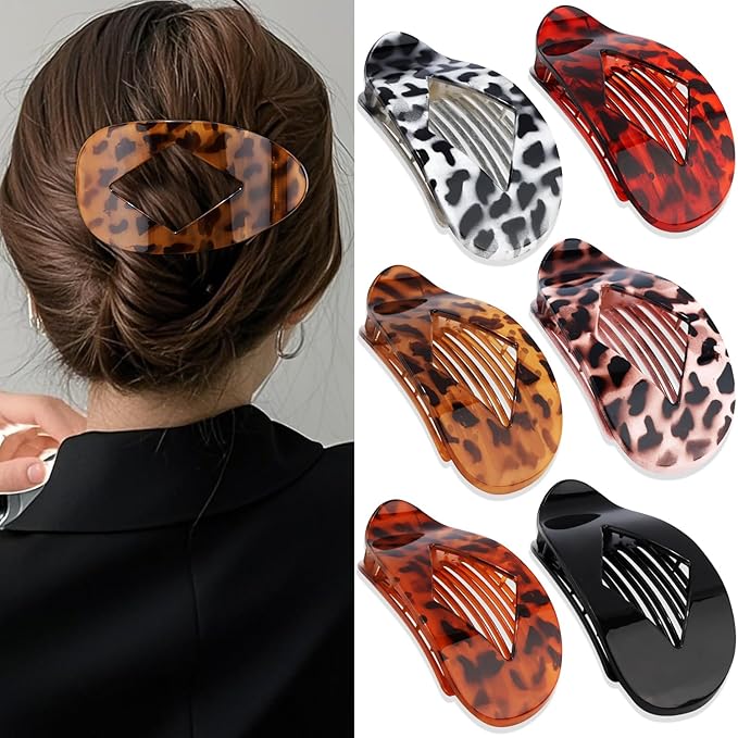 Atoden Large Flat Round Hair Clips Oval Claw Clips for Thick Medium Thin Hair 6Pcs Non Slip Strong Hold Barrettes Duckbill Accessories for Women Girls Leopard Tortoise Shell Color