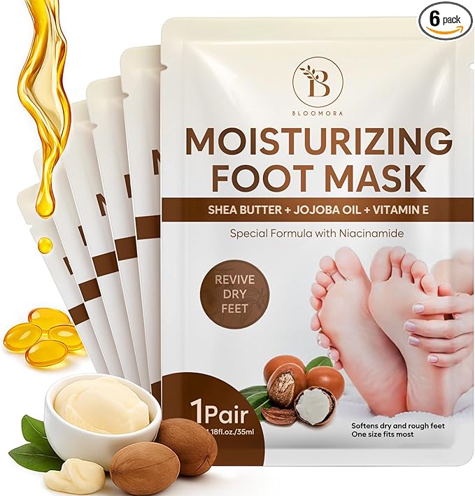 Hydrating Foot Mask for Dry Cracked Feet, Restoring & Hydrating Socks with Shea Butter, Jojoba Oil & Vitamin E, Feet Mask for Women & Men Foot Care (6 Pairs)