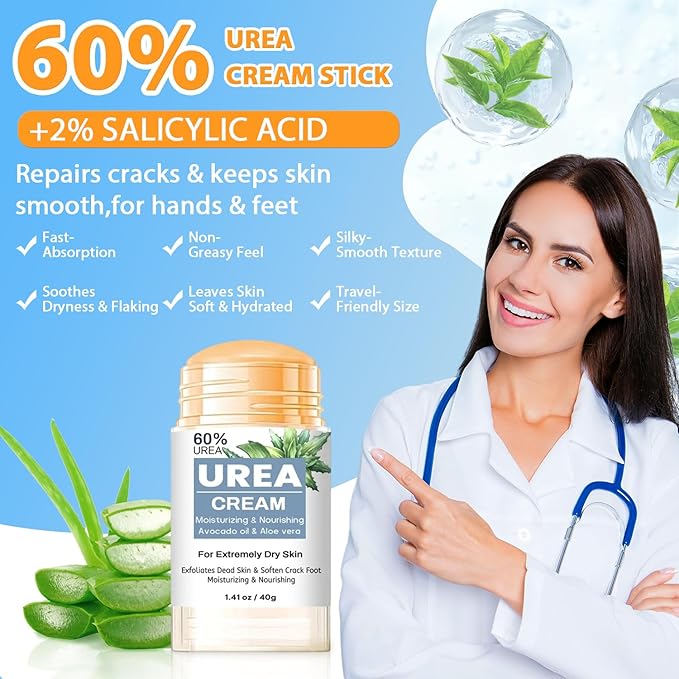 60% Urea Cream Stick plus 2% Salicylic Acid for Feet Maximum Strength - Foot & Hand Repair Balm for Extremely Dry Skin, Moisturizes Cracked Heels, Knee, Elbow and Hand, Callus Remover & Skin Soften