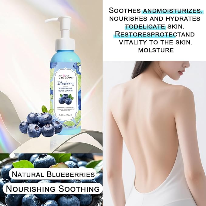 Body Lotion, 24hr Moisturizing & Deep Hydration, Absorbs Instantly Moisturizer for All Skin Types, 5.3 fl oz (1 Pack, Blueberry)
