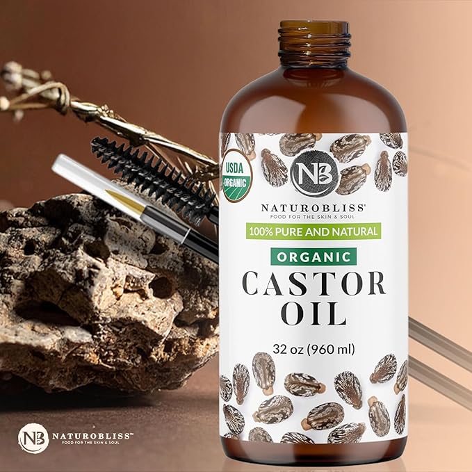 NaturoBliss 100% Pure Organic Castor Oil – Expeller-Pressed & Hexane-Free – Professional/Salon Size for Hair, Skin, Lashes & Brows, with Beauty Starter Kit – 32 fl oz (Bulk Value)