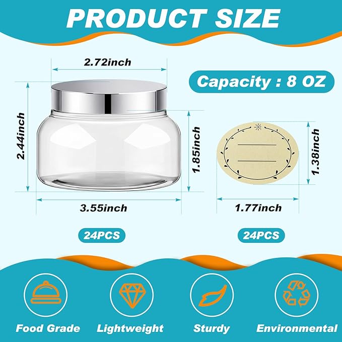 Tessco for you 24 Pack Plastic Jars with Lids Labels Multiuse Slime Containers Empty Body Scrub Jars Round Refillable Cosmetic Body Butter Container for Makeup (8 oz,Clear,Silver)