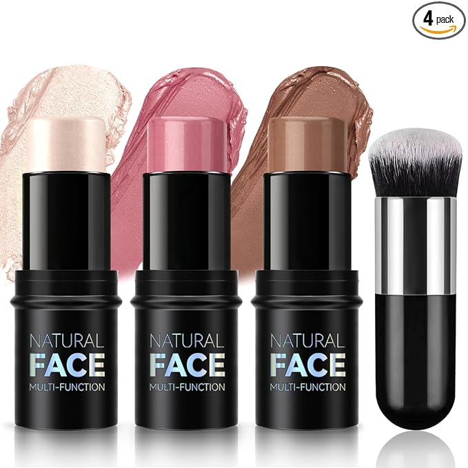 NewBang 3 Pcs Cream Blush Contour Highlighter Stick for Cheeks Eyes Lips Lightweight Dewy Finish Blush Stick Waterproof Long Lasting Contour Stick Trio Wand Face Makeup Set for Girls and Women (2+5+6)