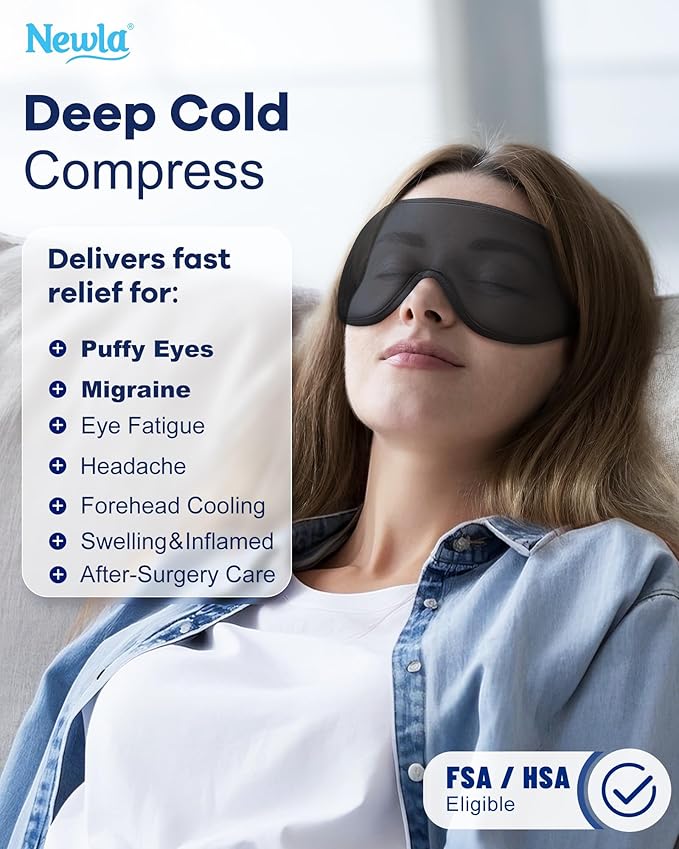 Cooling Gel Eye Mask for Puffy Eyes, Larger Full-Eye Cold Compress for Swelling, Ice-Cold Therapy, Forehead & Upper Cheek Cooling Relief, Reusable Headache and Migraine Mask, FSA Eligible HSA, Black