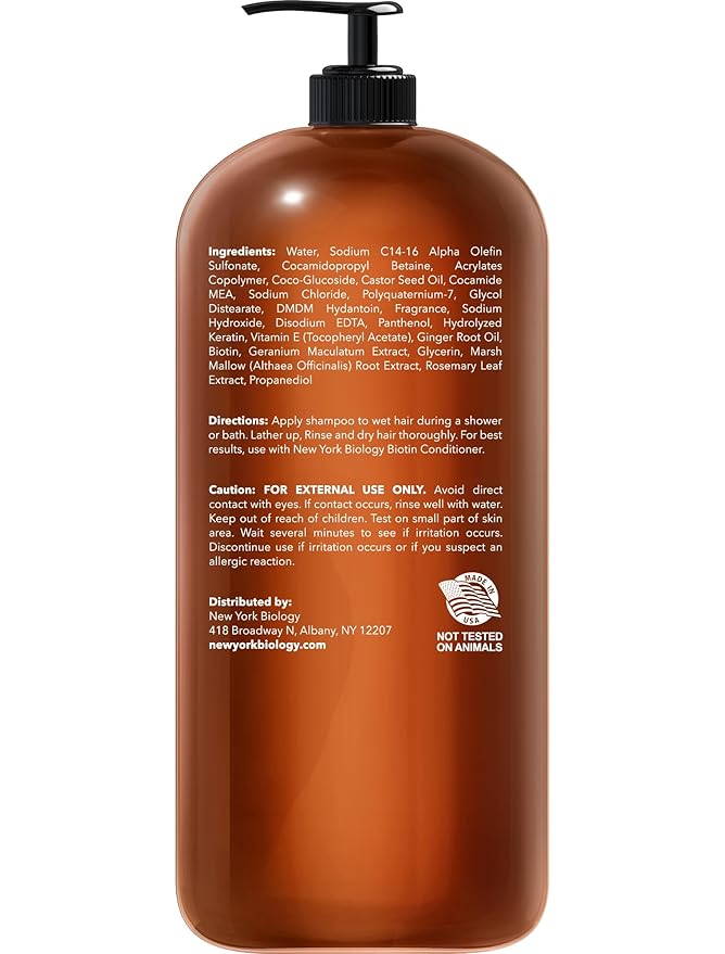 New York Biology Biotin Shampoo for Growth and Thinning Hair - Thickening Formula for Loss Treatment - For Men & Women - Anti Dandruff - 16.9 fl Oz