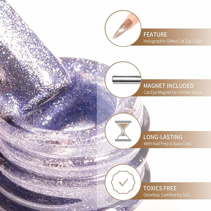 MAYCHAO 15ML Cat Eye Gel Nail Polish 1Pc Violet Gel Polish with Magnet Soak off Holographic Magnetic Nail Polish for Nail Art Manicure Salon DIY at Home, 0.5 OZ