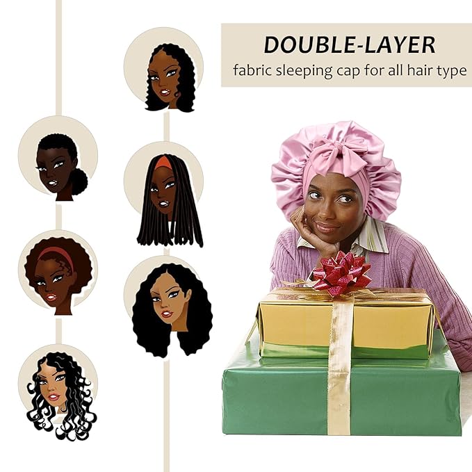 Satin Bonnet with 3PCS Hair Scrunchies for Women Tie Band Hair Bonnet Large 2 Layered Silk Sleeping Cap Nightcap for Sleeping (Pink with Bonus 3 Hair Scrunchies)