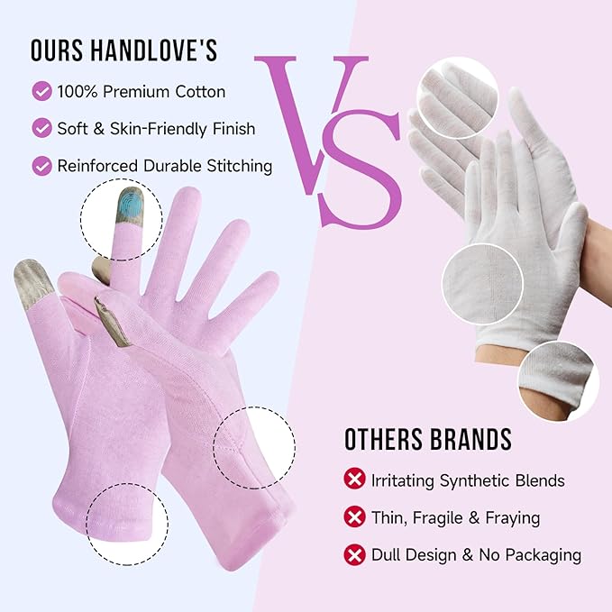 HandLove Premium 100% Cotton Gloves | Moisturizing Gloves for Dry Hands & Eczema | Overnight Sleeping Gloves, Eczema Gloves | Touchscreen Friendly | Baby Pink, 12Pairs