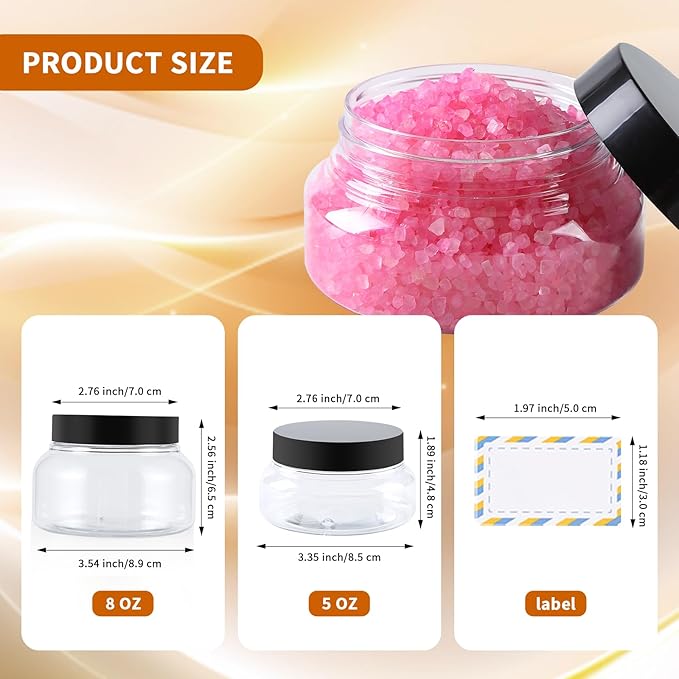 24 Pack 5 Oz Plastic Containers With Lids and Waterproof Label BPA Free - Refillable Transparent Cosmetic Containers for Body Butter,Sugar Scrubs,Cream,Lotions,Candy,Bath Salt (Clear, 5 oz)