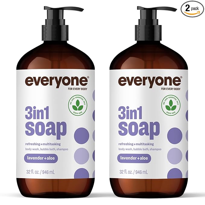 Everyone 3-in-1 Soap, Body Wash, Bubble Bath, Shampoo, 32 Ounce (Pack of 2), Lavender and Aloe, made with Essential Oils for Men and Women