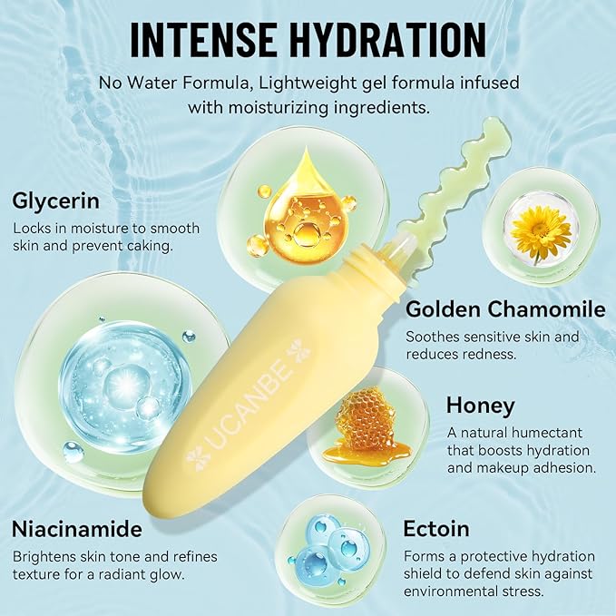 UCANBE Honey Hydro-Grip Primer, Jelly Grip Makeup Base for Dry & Sensitive Skin - Hydrating Gel Gripping Face Primer with Golden Chamomile & Vitamin E to Soothe Redness & Lock in Makeup, Dewy Finish