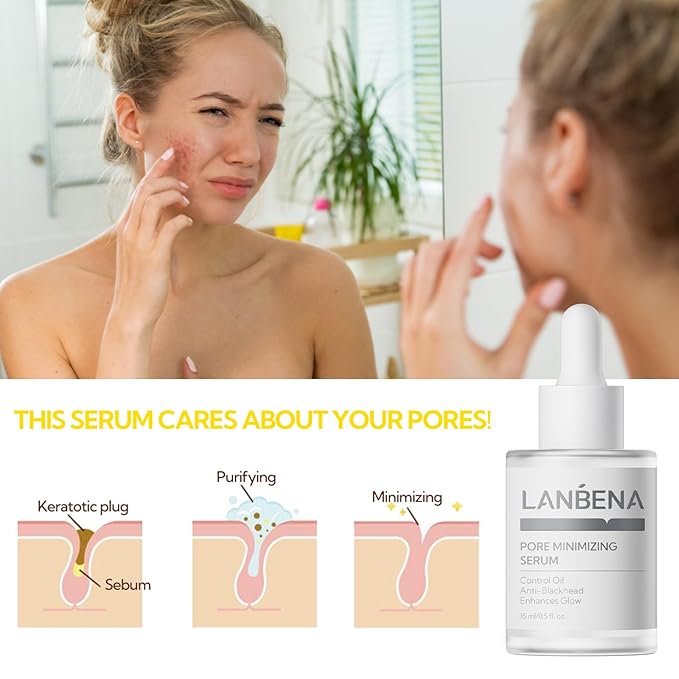 LANBENA Pore Minimizer Serum, Pore Minimizer & Reducer for Face, Minimizing, Shrinking, Oil Control Firming, Tightening Pores, 100% Vegan Pore Moisture after Blackhead Remover, 0.5 fl.oz