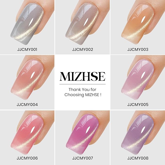 MIZHSE Cat Eye Gel Nail Polish, 8 Colors Glass Magnetic Gel Polish Set with Magnet Stick, Crystal Jelly Pink Purple Colors with Gradual Gold Cat Eye Effect Nail Gel Soak Off Nail Art Valentine's Gift