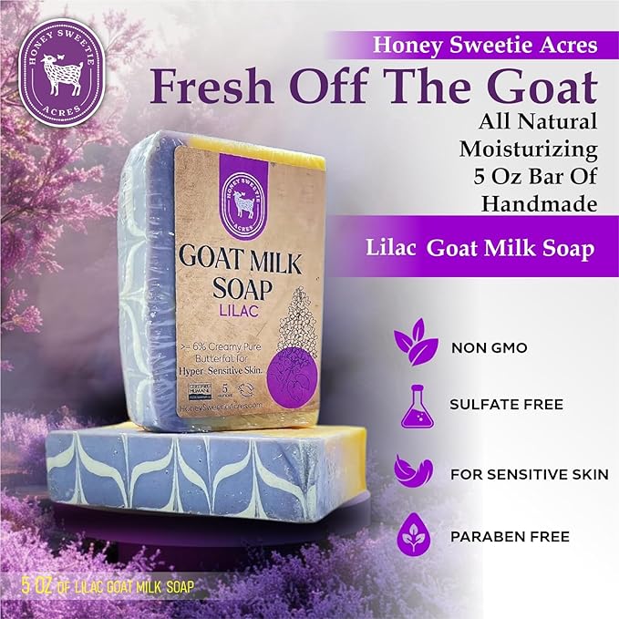 Honey Sweetie Acres 2-Pack Lilac Goat Milk Soap - All Natural 5 oz Handmade Bar Soap – Moisturizing, Gentle for Sensitive Skin, Eco-Friendly, Made in the USA
