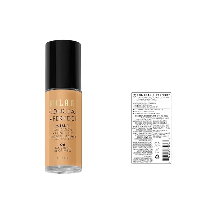 Milani Conceal + Perfect 2-in-1 Foundation + Concealer for a Flawless Complexion, Under Eye Corrector, Cover Redness and Imperfections, Waterproof and Sweatproof - 06-Sand Beige