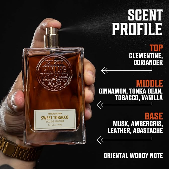 Viking Revolution Sweet Tobacco Cologne for Men - Eau de Parfum - With notes of Tonka Bean, Clementine, Cinnamon, Vanilla, Tobacco, Musk, Ambergris, Leather, Agastache - Gifts for Men 3.5 Fl Oz