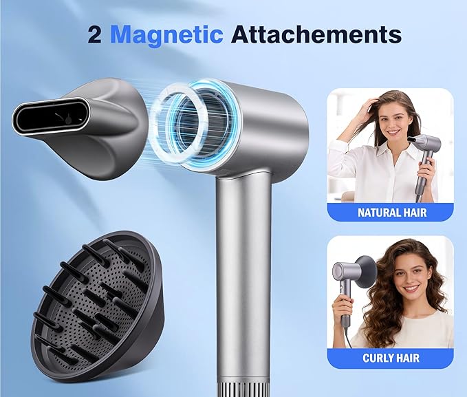 High Speed Ionic Hair Dryer, 160,000 RPM Brushless Motor for Fast Drying, 3.7 Billion Negative Ions for Smooth Hair, Low Noise Portable Blow Dryer with Diffuser & Concentrator, Grey