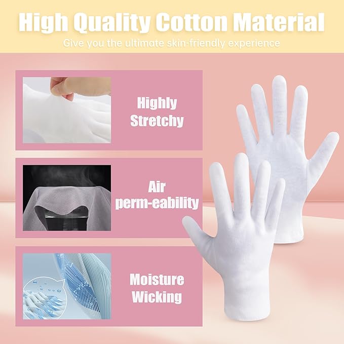 HandLove Premium 100% Cotton Gloves | Moisturizing Gloves for Dry Hands | Overnight Sleeping & Eczema | Extended Wrist White Pure Gloves, 12 Pairs, Santa Gloves