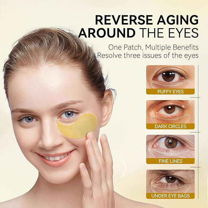 BREYLEE 24K Gold Eye Masks - 60 Pcs, Retinol & Caffeine Under Eye Patches for Reduce Fine Lines & Wrinkles, Puffy Eyes and Dark Circles Treatments, Improve and Firm Eye Skin