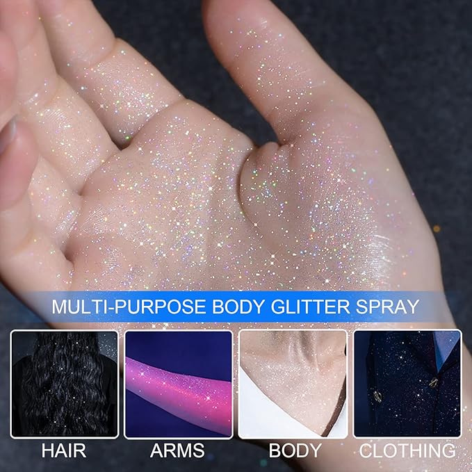 Face and Body Glitter Spray for Women, Temporary Glitter Hairspray Shimmer Makeup for Mardi Gras Singer Concerts Music Rave Festival Accessories, Up to 8 Hour, Holo Silver, 2oz