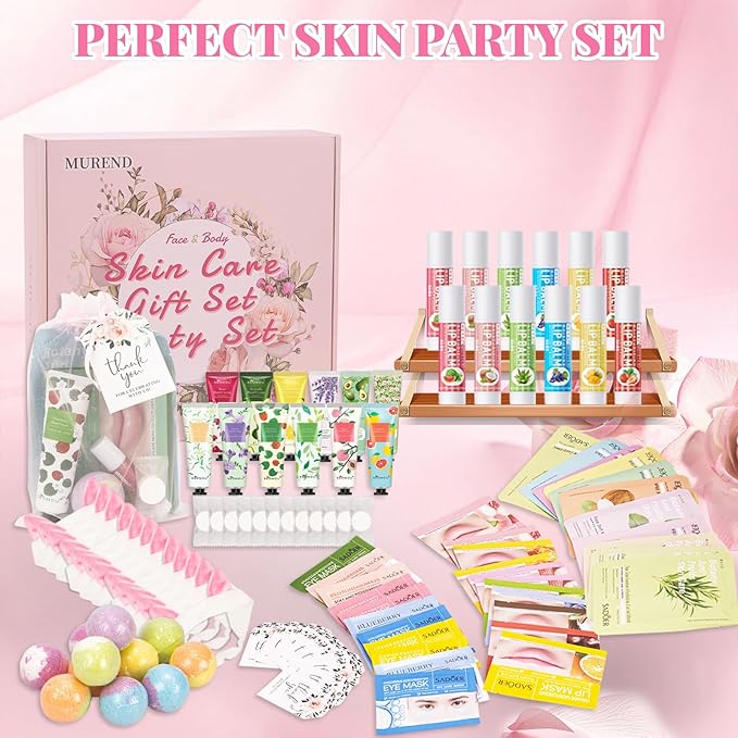 120 PCS Spa Party Supplies for Girls, Sleepover Party Supplies for Girls, Skincare Set, Include Face & Lip Masks, Foot Bath Bombs, Hand Cream, Lip Balm, Under Eye Patches, Spa Party Favors