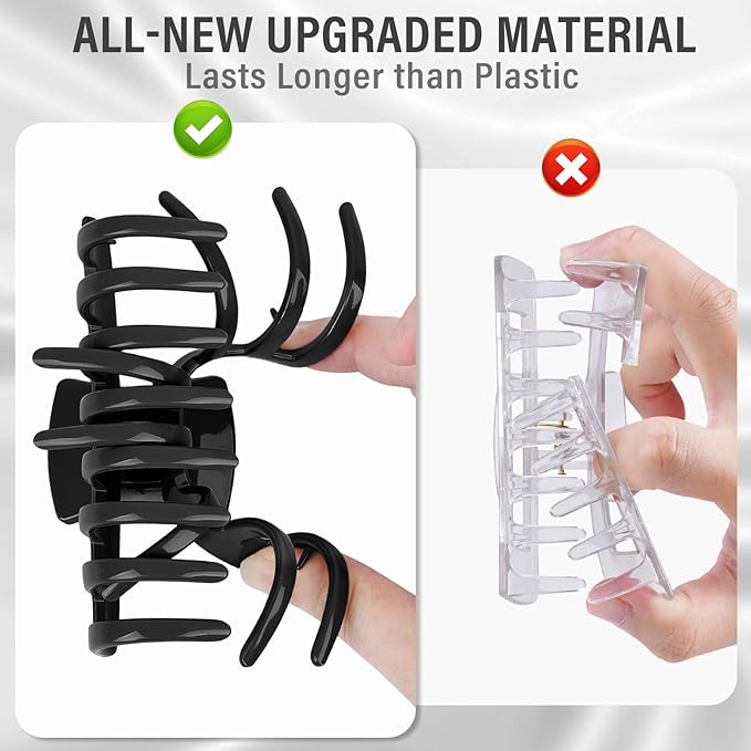 TOCESS Nylon Hair Claw Clips: Flexible & Unbreakable Safe Large Black Hair Claws for Thick/Thin Hair Women - Strong Hold 4 Pack 4 Inch Big Jaw Clips- Good Gift for Women