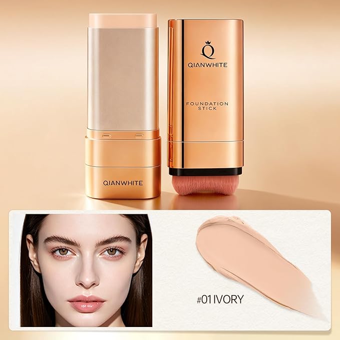 Korean Foundation Stick Foundation for Mature Skin Tint, Buildable Light to Full Coverage Foundation Makeup Concealer, Dual-Ended with Brush for All Skin - Natural Dewy Finish (IVORY)