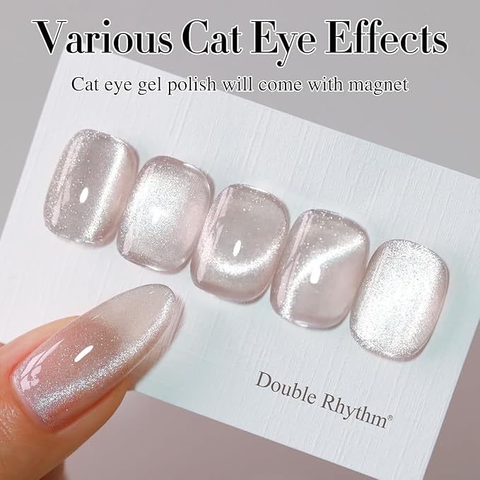 Double Rhythm Cat Eye Gel Polish with Magnet 15ML Holographic Glitter Shimmer Color 0.5 OZ Magnetic Salon DIY at Home (Champagne Nude-MC1020)