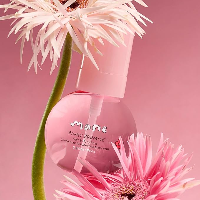 Mane Fruity Floral Hair and Body Mist - Lychee, Rose + Vanilla Body Spray & Hair Perfume - Hydrating & Non-Sticky Formula - Layerable Travel Size Fragrance Mist - Pinky Promise (3.4 oz)