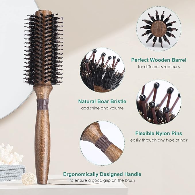 Round Brush for Blow Drying, LORSEX Boar Bristle Hair brush for Women Men, Round Hairbrush for Add Shine/Volume, Minimize Damage (2.2 Inch)