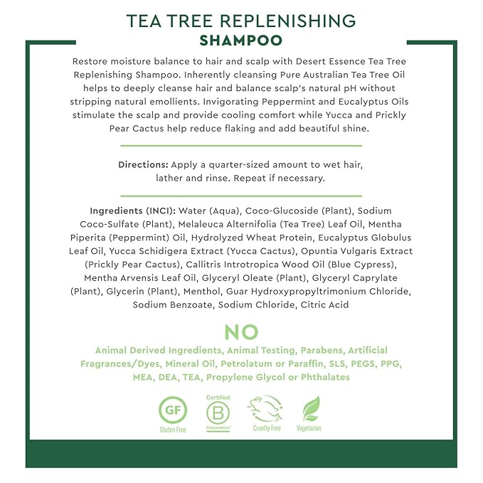 Desert Essence Tea Tree Oil Replenishing Shampoo, 12.7 fl oz, Gluten Free, Vegetarian, Non-GMO, Paraben Free - Moisture Replenishing Shampoo with Peppermint & Eucalyptus Oils to Deeply Cleanse Hair