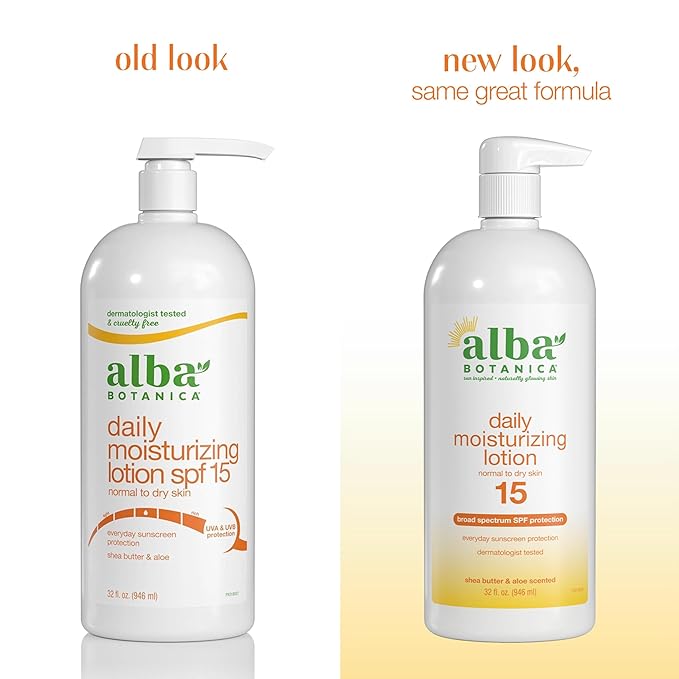Alba Botanica Daily Moisturizing Lotion SPF 15, Normal to Dry Skin, with Shea Butter and Aloe, 32 Oz (Packaging May Vary)