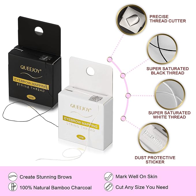 Brow Mapping Kit includes 10m X Black&White Mapping String, 50pcs Eyebrow Ruler Stickers,White and Light Beige Brow Concealer & 2 Brow Brushes, Eyebrow Pencil Razor Sharpener and Instruction