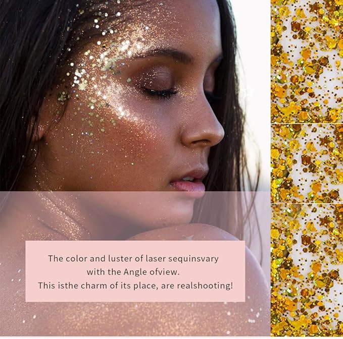 Body Glitter Gel, Mardi Gras Chunky Face Glitter Mermaid Sequins, Sparkly Hair Glitter,Singer Concert Festival Rave Accessories, Halloween Body Painting (#02 Gold)
