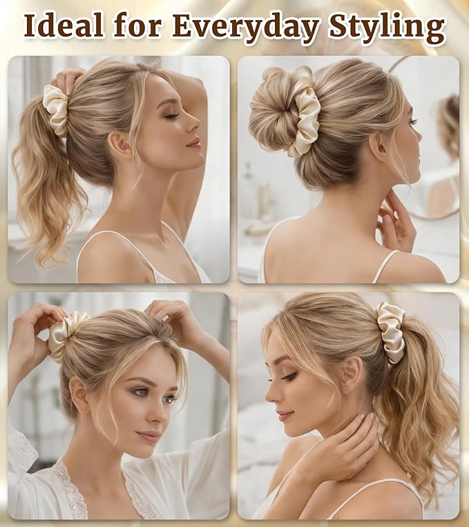 30 Momme 100% Mulberry Silk Scrunchies for Women and Girls, Oversized XL Hair Tie for Sleeping, Soft Smooth for No Damage Hair Care Sleeping (Beige)