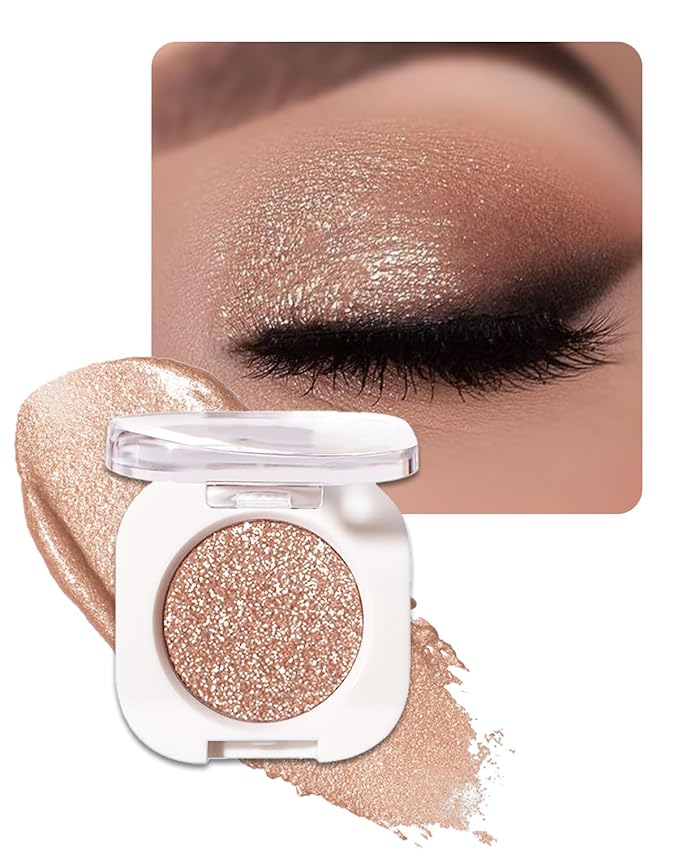 Glitter Eyeshadow Single, Ultra-Fine Sparkling Diamond Shimmer, Long-Lasting Sheer Eye Makeup, Crease-Proof & Buildable Eye Shadow Topper, Champagne Gold