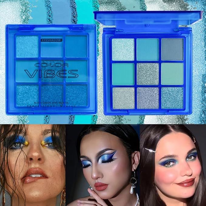 BAISEN DIARY 9 Colors Eyeshadow Palette - Blue Eyeshadow Theme, High Pigmented Blendable Matte & Glitter Shimmer Finishes, Long Lasting Eye Makeup for Christmas & Music Festivals(Blue)