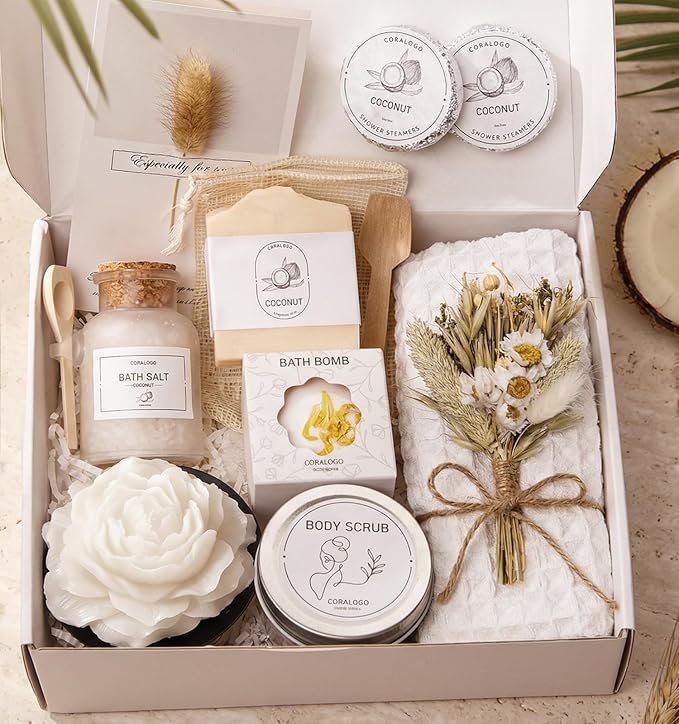 Coconut Spa Gifts for Women - 12pc Self-care Spa Gift Basket with Bath Salt, Greeting Card - Thinking of You Basket for Her Birthday, Christmas, Mother's Day, Valentine's Day