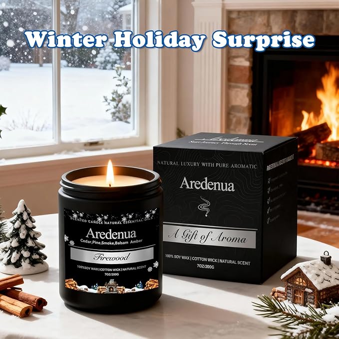 Firewood Candle – Winter Candles | Holiday Scented Candles, 7oz Jar Soy Candle for Home Scented - 50H Burn - Smoky Fireplace Cozy & Warm Scent, Christmas Holiday Décor Gifts for Women & Men