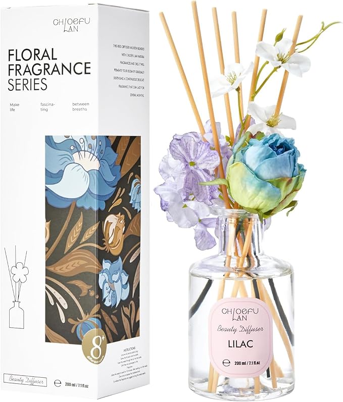 Lilac Reéd Diffuser Oil, 6.7 oz Refreshing Natural Essential Scented Oil with Purple Flower Diffuser Sticks,Bathroom Decor, Home & Office Decor,Diffuser Oil Gift Set