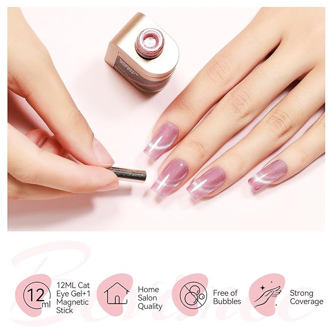 Pink Cat Eye Gel Polish, Glitter Magnetic Nail Polish Shimmer With Magnet Stick, for Holographic Cateye Effect, UV Velvet Gel Nail Art Manicure Salon DIY Home Valentine's Day Gift, 12ML