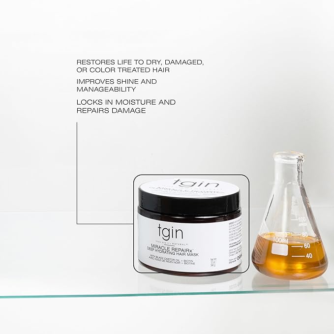 tgin Miracle RepaiRx Deep Hydrating Hair Mask for Curly, Coily and Wavy Hair, with Biotin and Black Castor Oil, Deep Moisture and Repair for Damaged, Color-Treated Hair, 12 oz