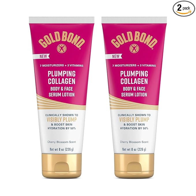 Gold Bond Plumping Collagen Body and Face Serum Lotion, Lightweight Hydrating Moisturizer with Collagen Peptide Complex, Jojoba and Grapeseed Oils to Visibly Plump Skin, Cherry Blossom, 8 oz, 2 Pack